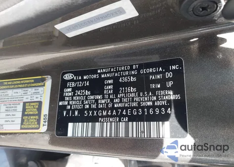 2014 Kia Optima Lx z USA, uszkodzony, nr VIN 5XXGM4A74EG316934